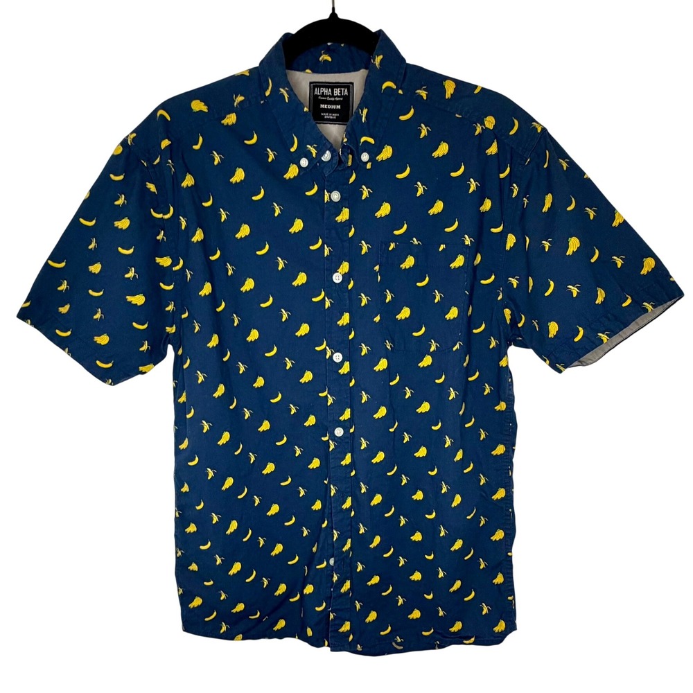 Alpha Beta Mens Navy Blue Banana Print Short Sleeve Button Down Shirt Medium